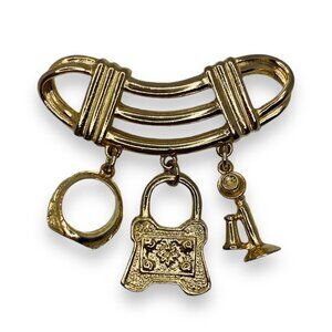 Gold Tone Charm Dangle Brooch w. Ring, Bag, & Telephone Charms